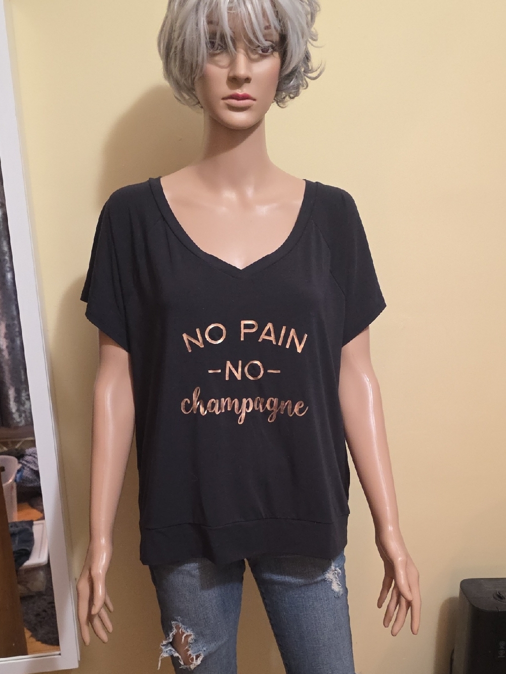 Black V-Neck Tee with Rose Gold 'No Pain No Champagne'